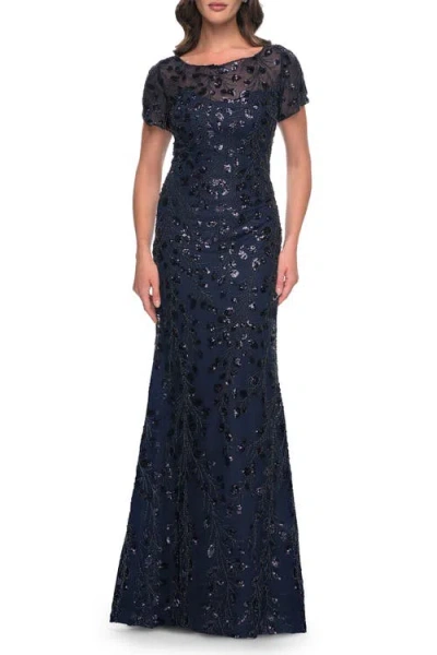 La Femme Beaded Sequin Chic Evening Dress With Illusion Top And Short Sleeves In Navy