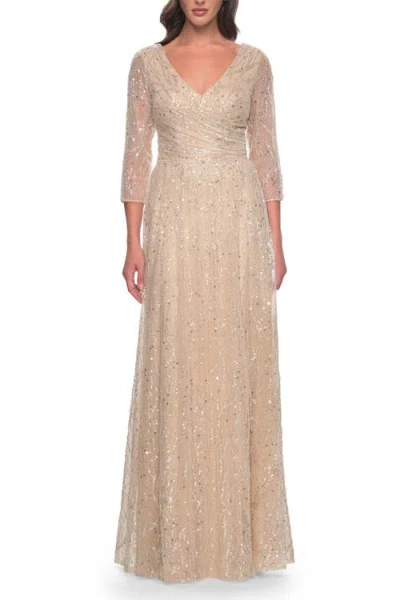 La Femme Beaded Sequin Dress With Ruched Waist And V Neckline In Champagne