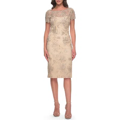 La Femme Beaded Short Evening Dress With Illusion Neckline In Champagne