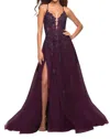 La Femme Beaded Tulle Corset Lace Up Open Back Maxi Dress In Dark Berry In Burgundy