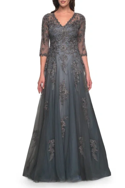 La Femme Beautiful A-line Tulle And Lace Dress With Sheer Sleeves In Gray
