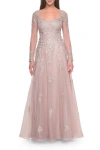 La Femme Beautiful A-line Tulle And Lace Long Sleeve Gown
