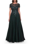 La Femme Beautiful A-line Tulle Dress With Beaded Bodice In Black/emerald