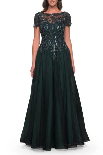 La Femme Beautiful A-line Tulle Dress With Beaded Bodice In Black/emerald