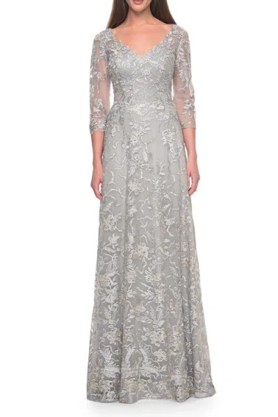 La Femme Beautiful Lace A-line Mother Of The Bride Dress In Silver