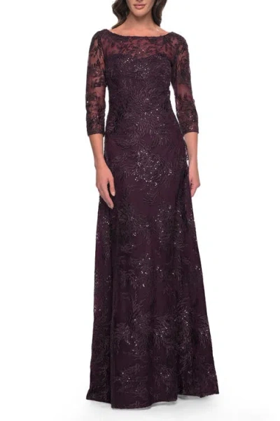 La Femme Beautiful Lace Mother Of The Bride Dress With Illusion Neckline In Dark Berry
