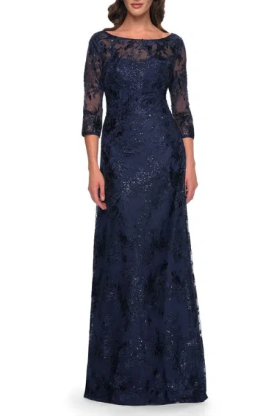 La Femme Beautiful Lace Mother Of The Bride Dress With Illusion Neckline In Navy