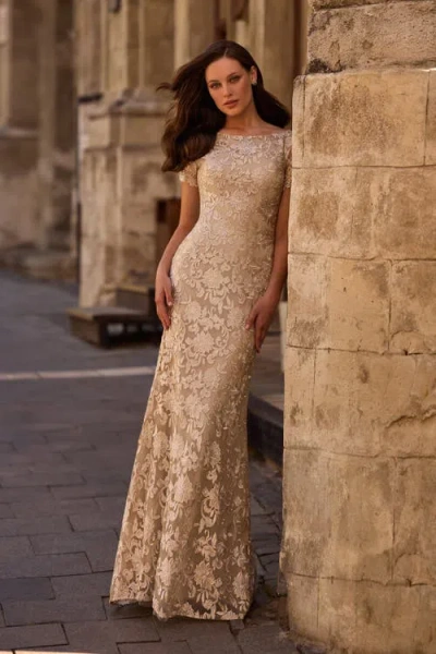 La Femme Beautiful Lace Mother Of The Bride Dress With Short Sleeves In Champagne