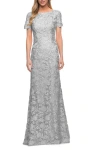 La Femme Beautiful Lace Mother Of The Bride Dress With Short Sleeves In Silver