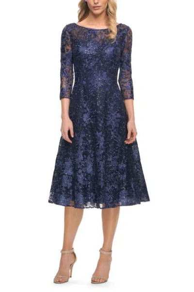 La Femme Beautiful Lace Tea Length Gown With Three-quarter Sleeves In Navy