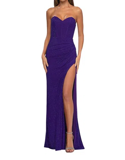 La Femme Bedazzled Net Jersey Prom Dress In Indigo In Blue