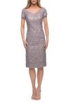 La Femme Below The Knee Dress With Beautiful Lace And Short Sleeves In Dark Mauve