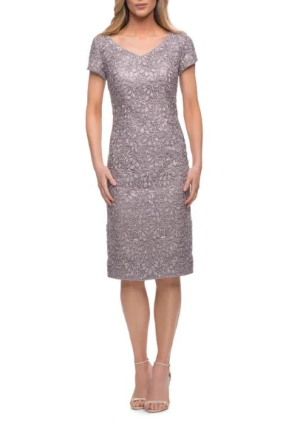 La Femme Below The Knee Dress With Beautiful Lace And Short Sleeves In Dark Mauve