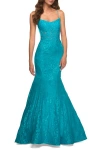 La Femme Bright Mermaid Lace Gown With Sheer Bodice And Open Back In Aqua