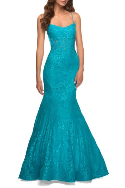 La Femme Bright Mermaid Lace Gown With Sheer Bodice And Open Back In Aqua