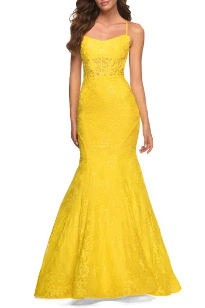 La Femme Bright Mermaid Lace Gown With Sheer Bodice And Open Back In Yellow