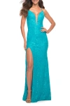 La Femme Bright Stretch Lace Prom Dress With Deep V Neckline In Aqua