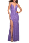 La Femme Bright Stretch Lace Prom Dress With Deep V Neckline In Bright Purple