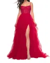 La Femme Bustier Fishnet Top Ruffle Tulle Skirt Prom Dress In Red In Red