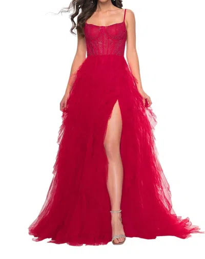 La Femme Bustier Fishnet Top Ruffle Tulle Skirt Prom Dress In Red