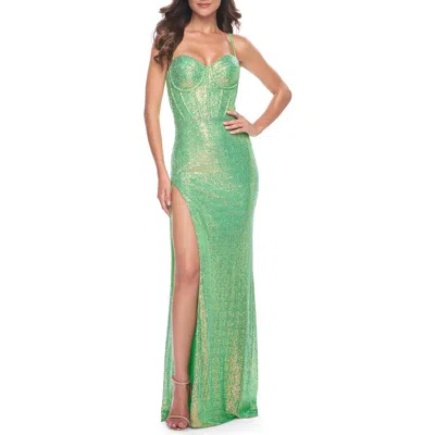 La Femme Bustier Sequin Neon Prom Dress With Lace Up Back In Neon Green