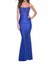 La Femme Ruched Jersey Dress With Illusion Corset Lace Top