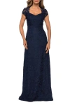 La Femme Cap Sleeve Floral Gown With Sweetheart Neckline