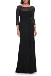 La Femme Chic Black Evening Dress With Illusion Neckline And Sleeves In Black