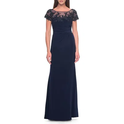 La Femme Chic Jersey And Lace Evening Dress With Short Sleeves In Blue