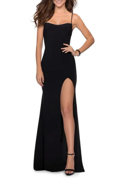 La Femme Chic Jersey Dress With Intricate Lace Up Back In Black