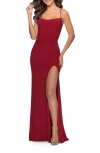 La Femme Chic Jersey Dress With Intricate Lace Up Back In Red