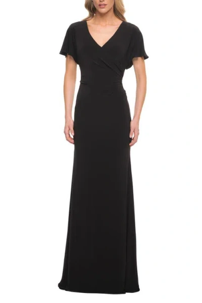 La Femme Chic Jersey Dress With V Neck And Loose Sleeves In Black