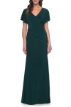 La Femme Chic Jersey Dress With V Neck And Loose Sleeves In Hunter Green