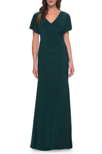 La Femme Chic Jersey Dress With V Neck And Loose Sleeves In Hunter Green
