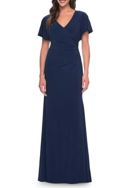 La Femme Chic Jersey Dress With V Neck And Loose Sleeves In Navy