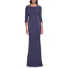 La Femme Chic Jersey Evening Dress With Ruching And Ruffle Skirt Detail In Smoky Blue