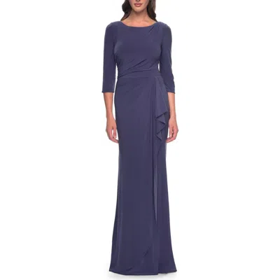 La Femme Chic Jersey Evening Dress With Ruching And Ruffle Skirt Detail In Smoky Blue
