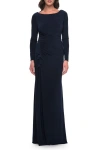 La Femme Chic Jersey Long Dress With Ruffle Detail Skirt In Navy