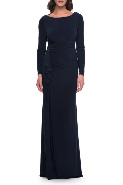 La Femme Chic Jersey Long Dress With Ruffle Detail Skirt In Navy