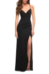 La Femme Chic Long Net Jersey Dress With Lace Up Back In Black