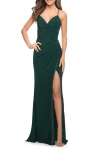 La Femme Chic Long Net Jersey Dress With Lace Up Back In Emerald
