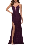 La Femme Chic Long Stretch Lace Gown With Sheer Rhinestone Back In Dark Berry