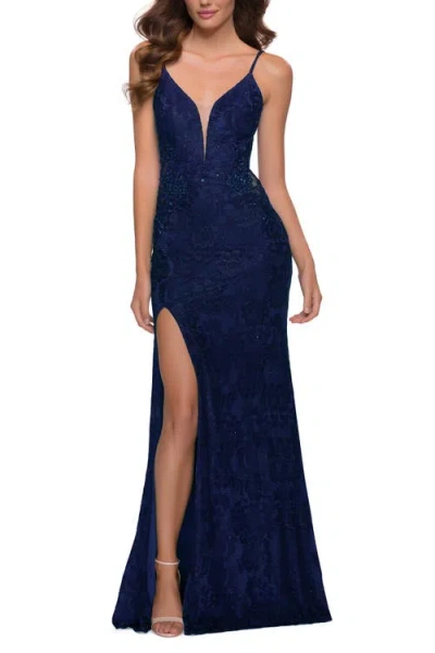 La Femme Chic Long Stretch Lace Gown With Sheer Rhinestone Back In Navy