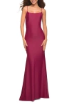 La Femme Sleeveless Jersey Gown With Train In Berry