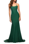 La Femme Chic Luxe Jersey Gown With Train And V Back In Emerald