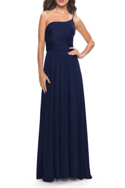 La Femme Chic One Shoulder Long Jersey Gown With Defined Waist