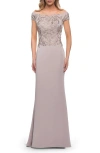 La Femme Lace Off The Shoulder Top Chic Satin Gown In Light Taupe