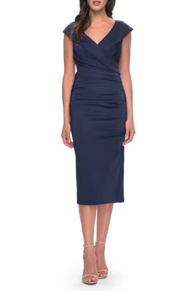 La Femme Chic Short Evening Dress With Pleating In Blue