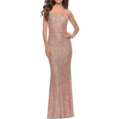 La Femme Chic Soft Sequin Stretch Dress With Open Back In Gold
