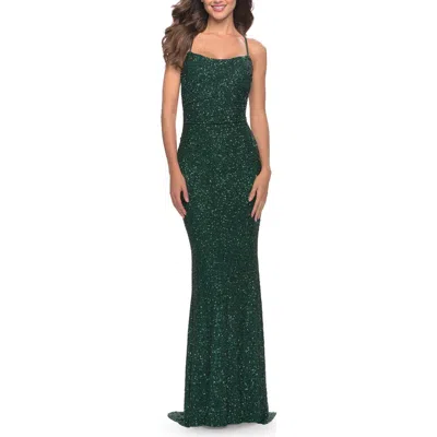 La Femme Chic Soft Sequin Stretch Dress With Open Back In Green